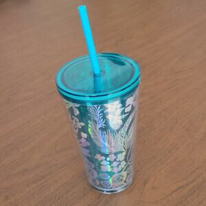 2022 Starbucks Summer Grande Silver and Green Foliage Tumbler 16oz